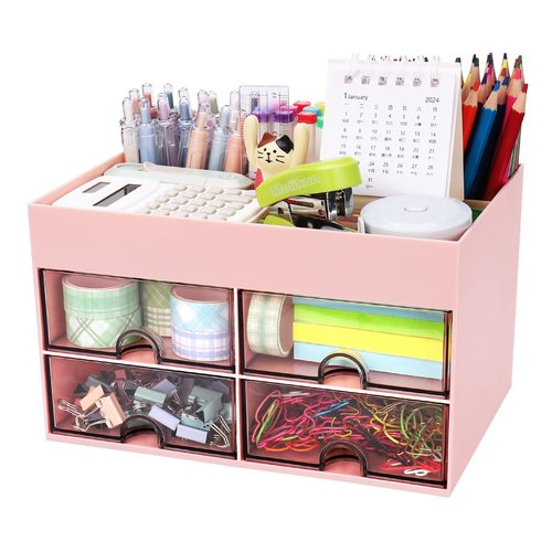 Meiikun Desk Organizer, Office Organizer with Drawer, Desk Accessories & Workspace Organizers, Pen Holder Office Supplies for Desk (4 Drawers+4 Compartments, Pink)