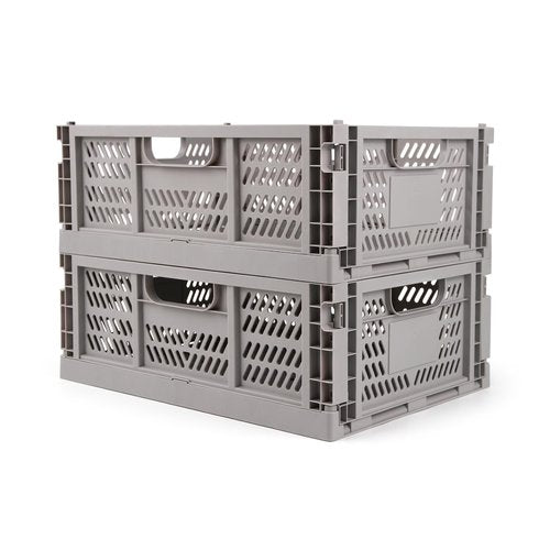 Domiella 2-Pack Crates for Storage, Storage Crates Plastic Stackable, Foldable Crate for Office Home Kitchen Bedroom Bathroom (Large, Gray)