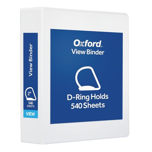 Oxford 2 Inch D-Ring Binder - XtraLife Hinge, Non-Stick PVC-Free, 540-Sheet Capacity, White