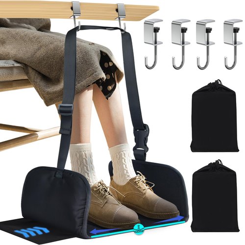 PENGARO Airplane Foot Rest, Office Footrest Under Desk with 4 Hooks, Widen Airplane Footrest Flight Hammock Memory Foam Travel Foot Sling for Work Gaming Travel Essentials, Black