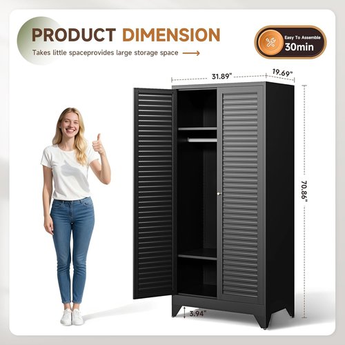 Letaya Armoire - 20" Deep Metal Wardrobe Closet with Doors, Shelves & Hanging Rod - Black