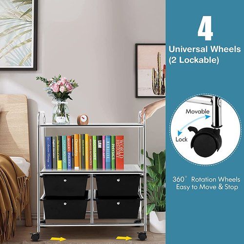 Hysache Rolling Storage Cart, Utility Organizer Cart w/ 4 Drawer 2 Shelves Trolley, Metal Frame, Plastic Storage Drawers on Wheels for School Office Home, Multifunction Organizer (Black)