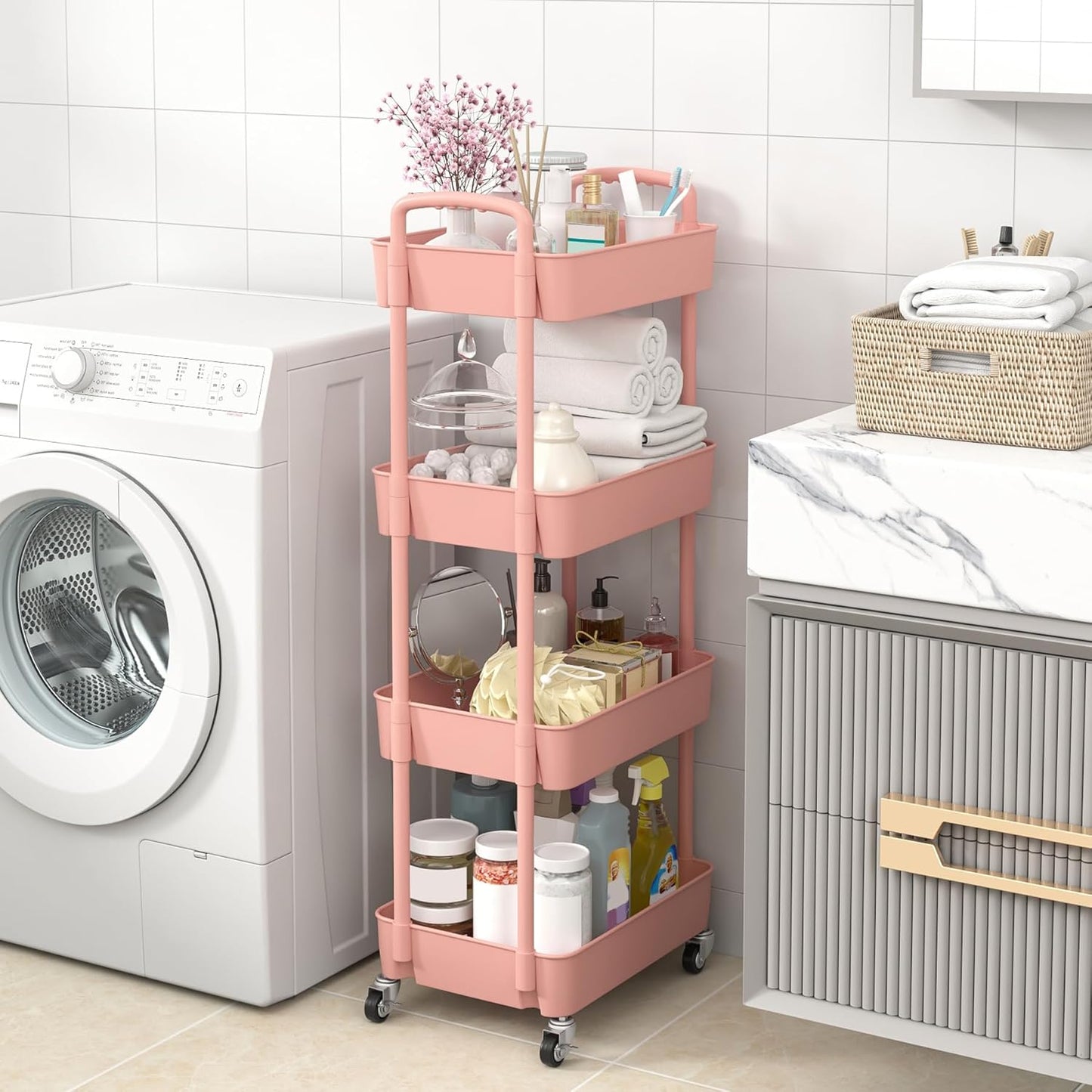 Sywhitta 4-Tier Rolling Utility Cart - Multi-Functional Storage Trolley with Handle, Pink