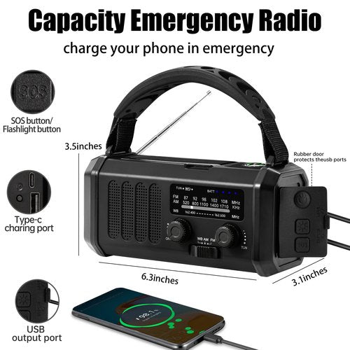 QAUYYW Hand Crank Emergency Radio,74000mWh Solar Powered Portable NOAA AM FM Weather Radio with 3 Mode Flashlight and Reading Light,Cell Phone Charger,Home and Emergency Distress Signal (Black)