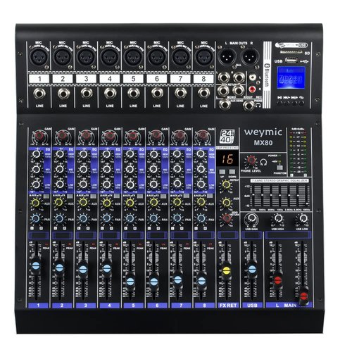Weymic MX-80 Professional Mixer (8-Channel) for Recording DJ Stage Karaoke/W Graphic Equalizer and DSP Effector w/USB Drive for Recording Input, XLR Microphone Jack, 48V Power, RCA Output