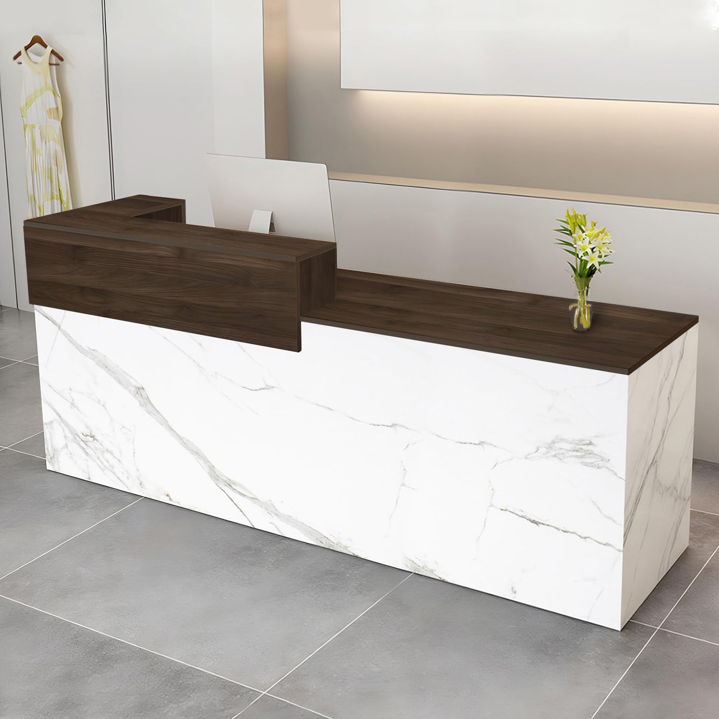 Modern Reception Desk with Drawer & Open Shelves, 39-95 Inch Front Counter Table, Computer Workstation Suitable for Salons, Offices, Lobbies, Retail Stores and Home Offices