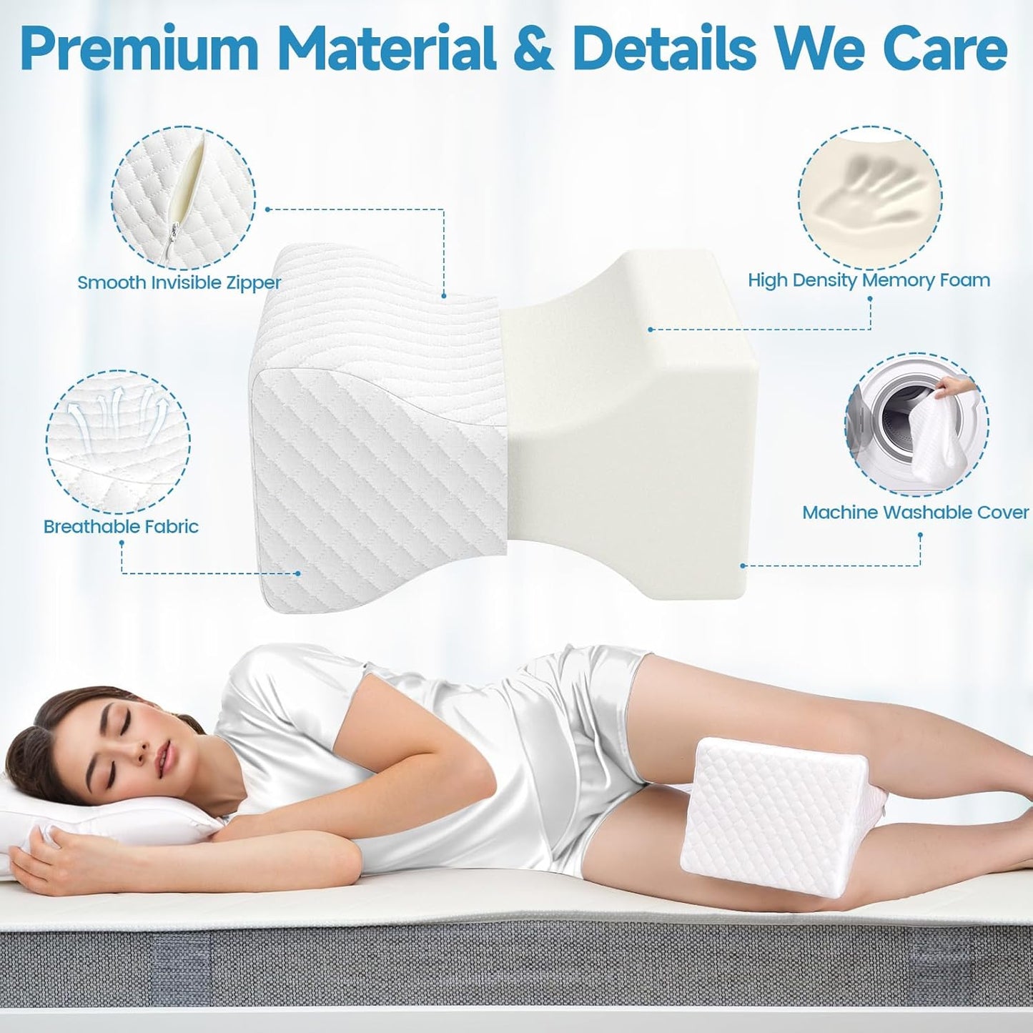 TranquilRelax Knee Pillow - Comfortable Memory Foam for Side Sleepers | Alleviates Hip, Back & Sciatica Pain (White)