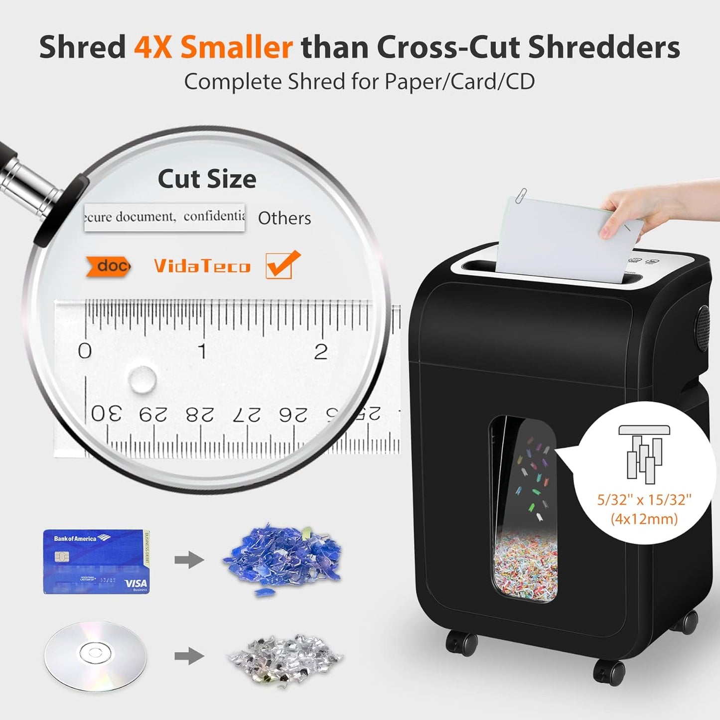 VidaTeco 14-Sheet Heavy Duty Paper Shredder - Micro Cut with 60 Min Run Time & 5.3-Gal Bin
