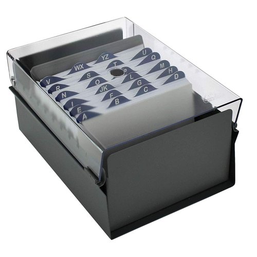 Acrimet 4 x 6 Card File Holder Organizer Box Metal Base Heavy Duty (AZ Index Cards and Divider Included) (Gray Color with Clear Crystal Plastic Lid Cover)