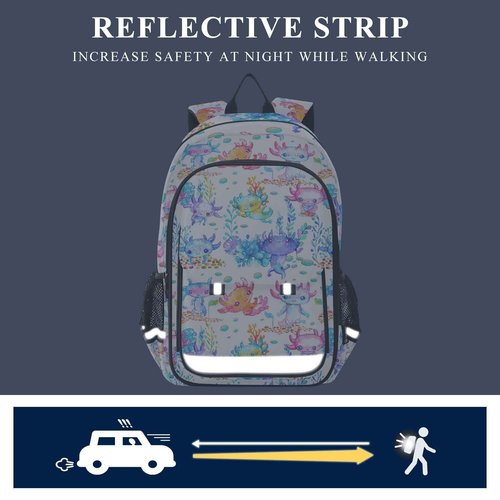 Glaphy Watercolor Cute Axolotl Backpack Lightweight Laptop Backpack School Bag Student Travel Daypack with Reflective Stripes