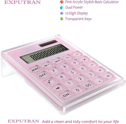 Skiennix Acrylic Calculator - Hybrid Battery & Solar Power | 12-Digit LCD Display, Pink Color