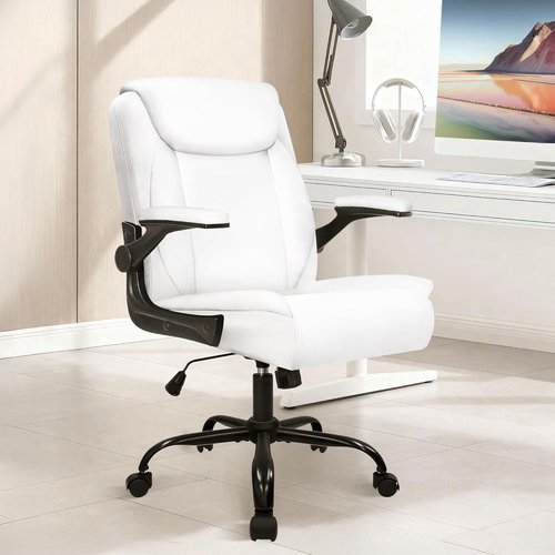 NEO Ergonomic Gaming Chair - Mid-Back Leather with Adjustable Armrests & Swivel Wheels | White