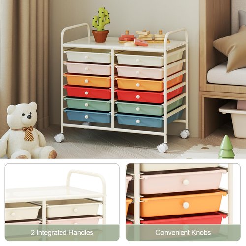 RELAX4LIFE 12-Drawer Rolling Storage Cart - Mobile Utility Cart on Wheels for School Classroom Teacher Office Salon, Paper File Art Supply Craft Organizer, Rolling Cart with Drawers (Macaron)