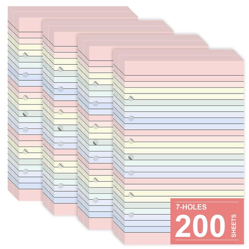 Colored Loose Leaf Paper 5.5" x 8.5" 7-Hole Lined Filler Paper College Ruled Notebook Refill Pad Pastel Colored Lined Refills Hole Punched Notebook Refills for 3 or 7 Ring Binders（200）