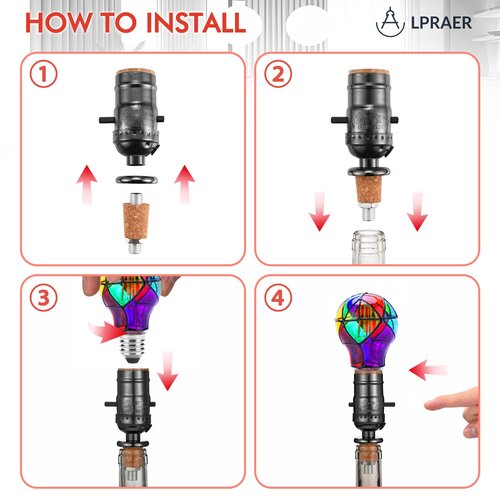 2 Set DIY Wine Bottle Lamp Kit with E26 LED Light Bulbs for Liquor Bottle, with Glass Drill Bit and Lid Black Cord Lamp Socket, 3 Size Tapper Cork (W/ 2 Stained Glass Light Bulbs)