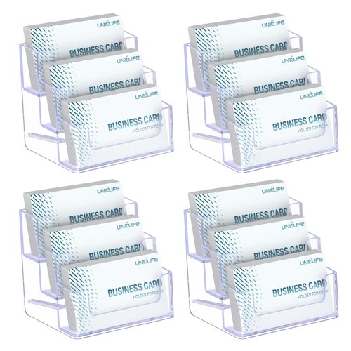 Uniclife 4 Pack Acrylic Business Card Holder for Desk 3 Slots Clear Business Card Display Stand for Men & Women Desktop Business Card Organizer Card Stand for Office Home Exhibition, 180 Card Capacity