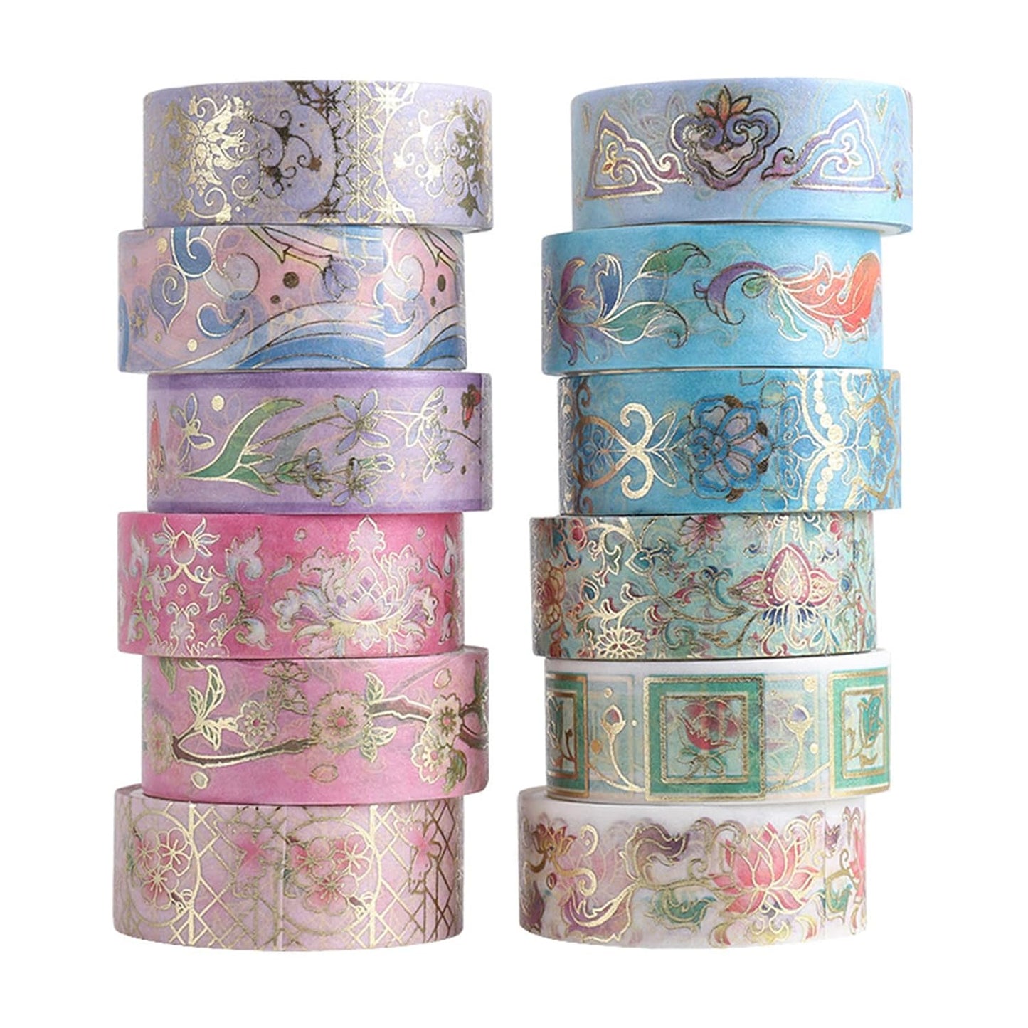 Skiennix Floral Washi Tape Set - 12 Rolls of Gold Foil Botanical Decorative Tape for Scrapbooking & Crafts