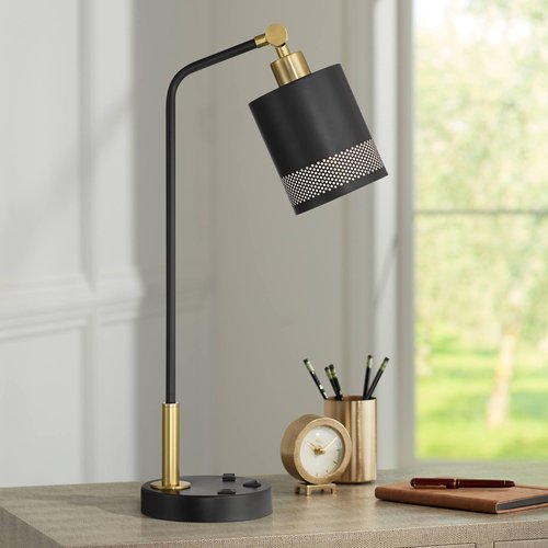 Possini Euro Design Possini Euro Keller 24" High Black and Brass Outlet and USB Desk Lamp