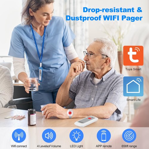 Caregiver Pager Life Alert Systems for Seniors No Monthly Fee Wi-Fi APP Control Elderly Alarm Call Button Panic Alarm for 1 Call Button 1 Watch Button 1 Receiver(Only Supports 2.4GHz Wi-Fi)
