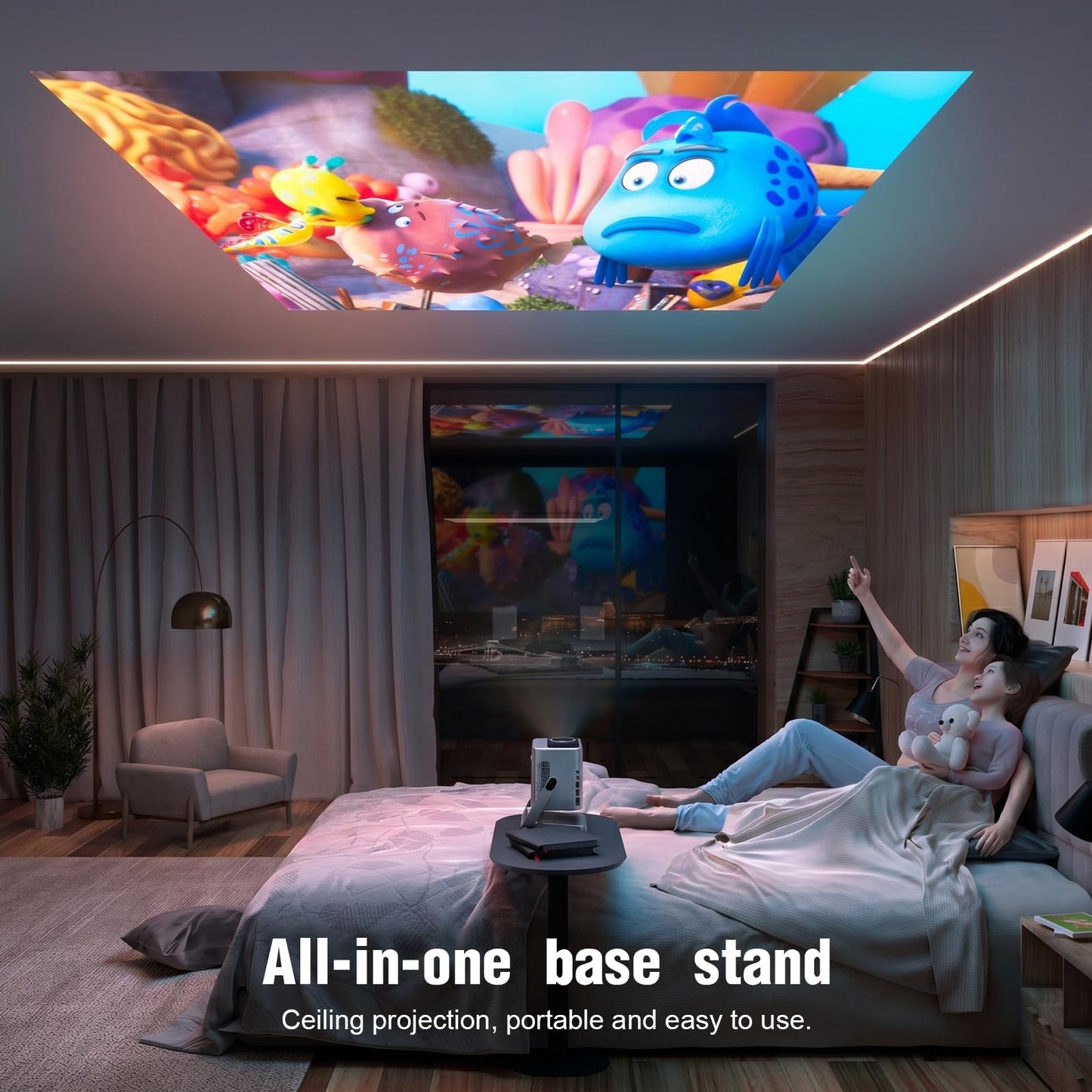 [3000 ANSI & Officially-Licensed APP]4K Projector with WiFi and Bluetooth, Auto Focus Keystone & Dolby Audio, Smart Outdoor Projector with Adjustable Stand for Home Theater Bedroom Ceiling(Cyan)