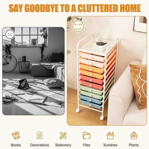 HOMGX Storage Cart with 10 Drawers, 10 Tiers Rolling Drawer Cart with 2 Lockable Wheels, Slim Rolling Storage Cart for Office/School/Home, Macaron