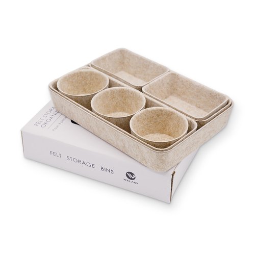 Welaxy Office Desk Drawer Organizers Trays Felt Shallow organizing Box Draw dividers for hygge aesthetics Office Supplies Multi-purposed Organize 8-piece (Oatmeal)