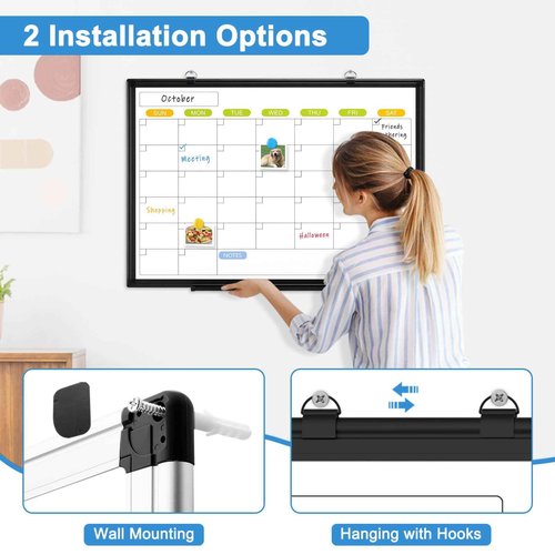 Dry Erase Calendar Whiteboard for Wall, WALGLASS 24" x 18" Magnetic White Board, Monthly Dry Erase Calendar with Black Aluminum Frame, Double-Sided Hanging Portable Board for Office, Home, School
