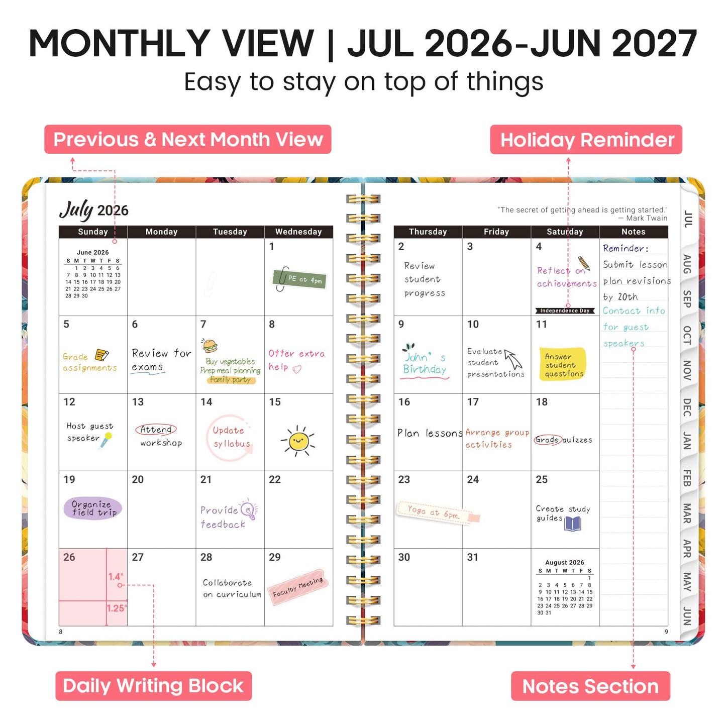 Academic Planner 2026-2027, Weekly and Monthly Calendar Book, July 2026 – June 2027, Hardcover Planner with Tabs, Perfect for Teachers, Students, Women & Men, A5 (6.4" x 8.5") - Pastel Garden