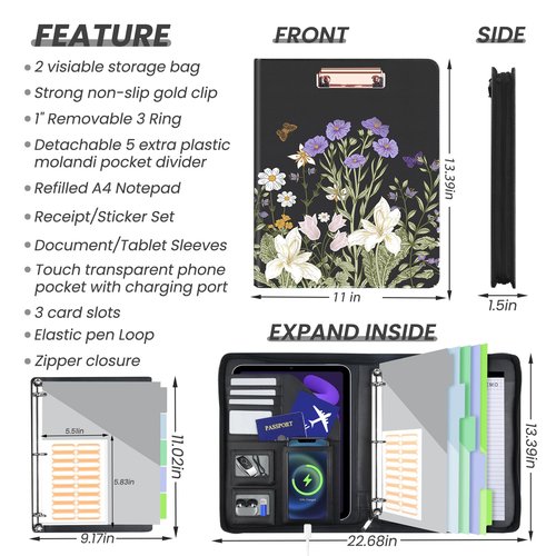 KLLVE Clipboard with Storage for Men Women, Leather Padfolio Portfolio with Zipper, 1 Inch 3 Ring Binder 5 Dividers, Notepad for Letter Size, Elastic Closure and Pen Loop, Card Slot Black Flower