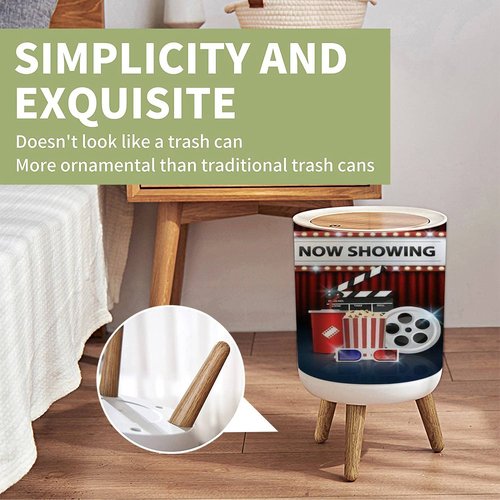 Small Trash Can with Lid Cinema background concept movie theater object on red curtain Garbage Bin Round Waste Bin Press Cover Dog Proof Wastebasket for Kitchen Bathroom Living Room 1.8 Gallon