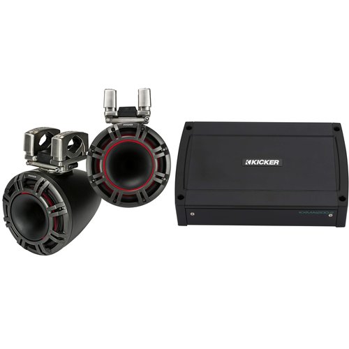 KICKER 44KMTC9 9" Black Horn-Loaded Tower Speakers & 1200 Watt Marine Amp with Tube-clamp mounting