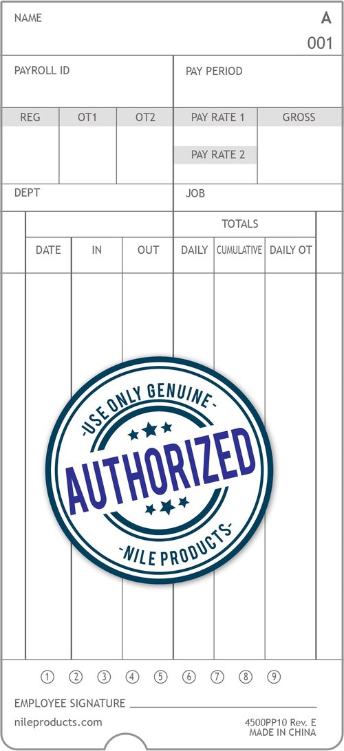 Nile Products - Authorized Time Cards for Nile Products 4500PP Compatible [ 4500PP10 ] Electronic Time Clock, Double Sided Time Sheets (3.37 x 7.37 Inches) - 100 Time Cards Per Package