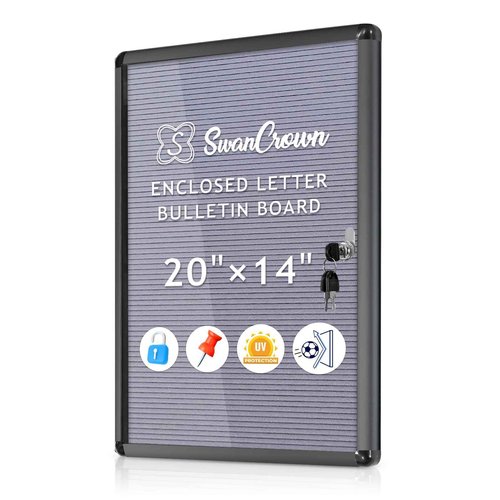 SWANCROWN Enclosed Bulletin Board with Locking Door 20x14 in, Lockable Felt Letter Board Sign Tamperproof Message Board for Office School Home, Black Aluminum Frame, Grey