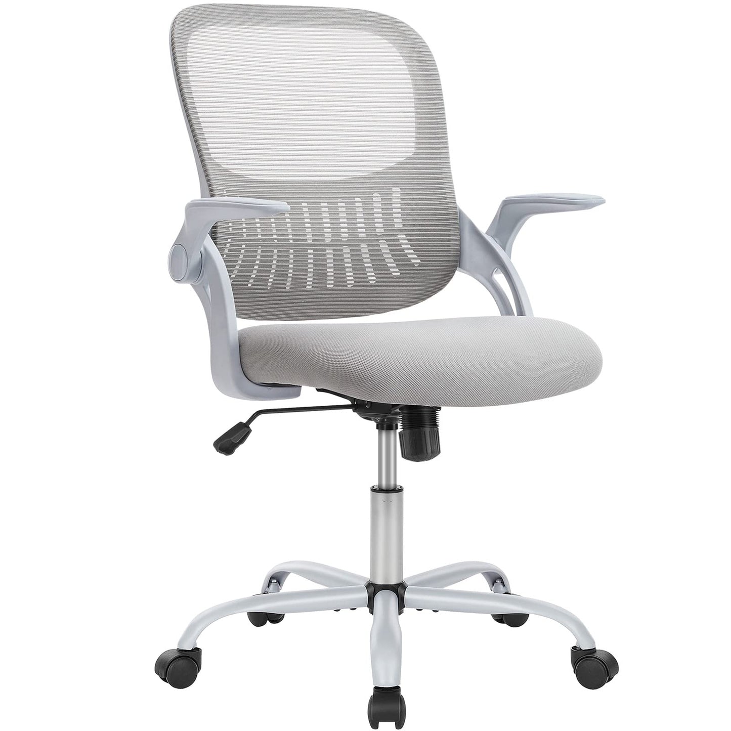 Sweetcrispy Office Desk Chair, Ergonomic Mid-Back Mesh Rolling Work Swivel Task Chairs with Wheels, Comfortable Lumbar Support, Comfy Flip-up Arms for Home, Bedroom, Study, Student, Classic Grey