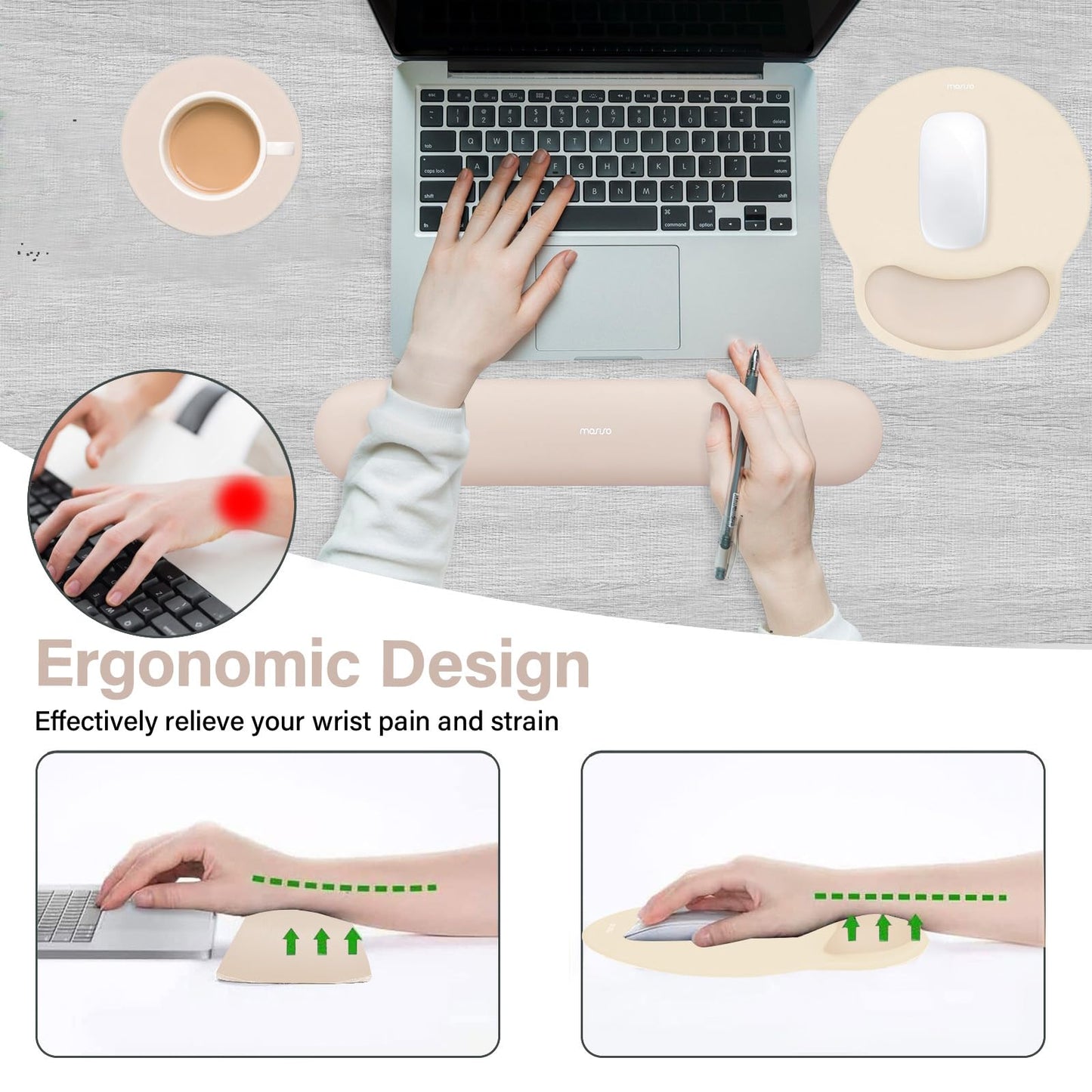 MOSISO Wrist Rest Support for Mouse Pad&Keyboard Set, Circle Curved Ergonomic Mousepad&Coaster Non-Slip Base Home/Office Pain Relief&Easy Typing Pad with Soft Cloth&Silicone Lining, Apricot