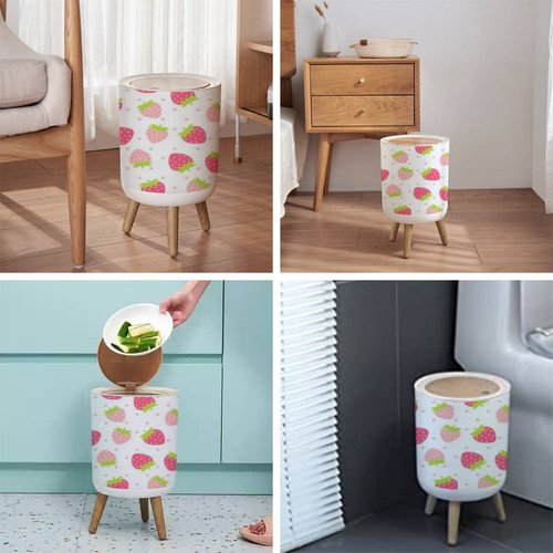 Small Trash Can with Lid for Bathroom Kitchen Office Diaper Fruit Cute fresh strawberry pink polka dot white Design for Bedroom Garbage Trash Bin Dog Proof Waste Basket Cute Decorative