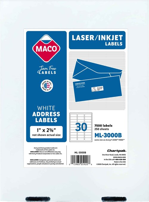 MACO Printable Labels for Mailing - Laser/Ink Jet Compatible Shipping Address Labels, 30 per Sheet, 1" x 2-5/8", Box of 250 Pages/7500 Labels, White