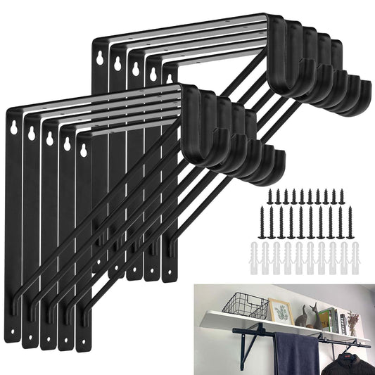 10PCS Heavy Duty Closet Rod Bracket, 11 x 11 Inch Closet Shelf Brackets,Supports 300 lbs,Wall Mount Closet Rod Supports Bracket Hook with Screws, Closet Rod Holders for Home and Closet Decor(Black)