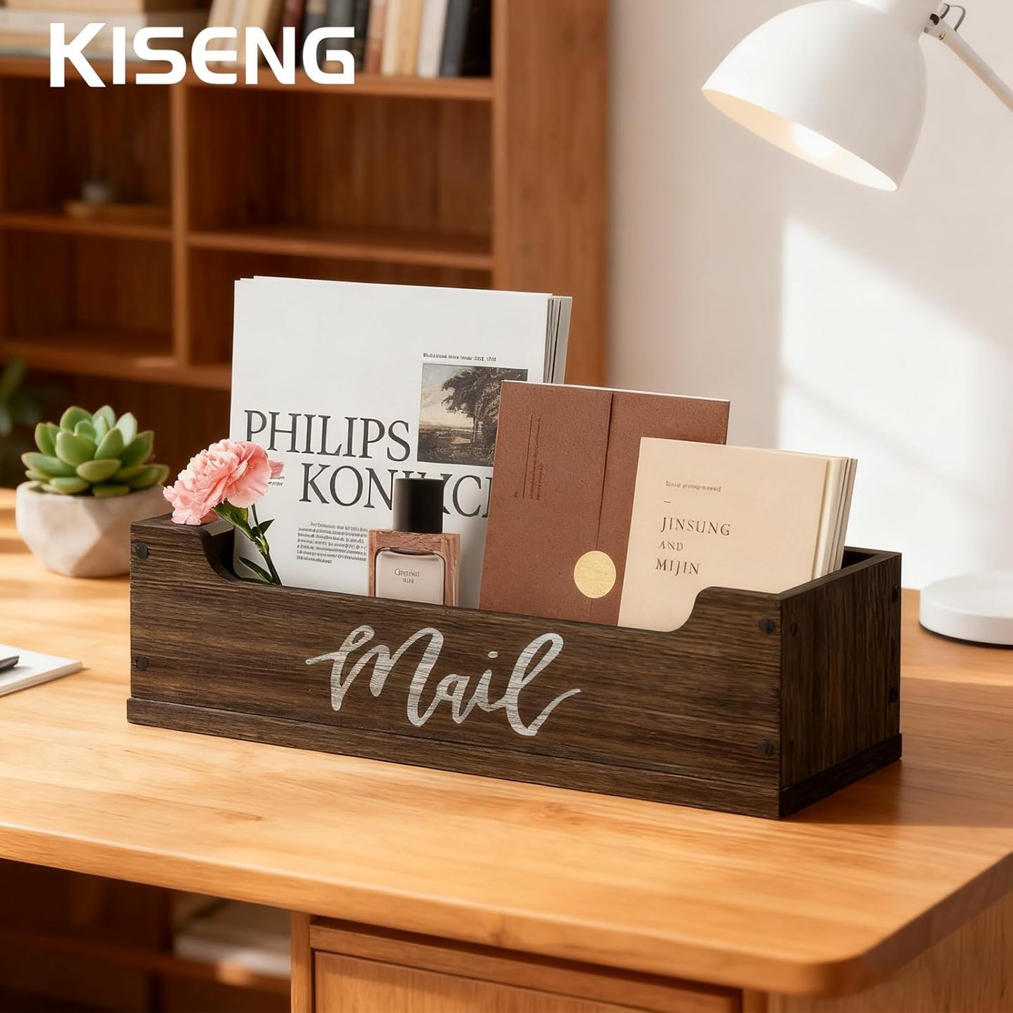 Skiennix White Wooden Mail Organizer - Stylish Countertop Storage Solution | Brown & White Finish