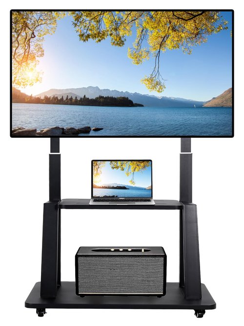 Maiproo Rolling TV Stand Mobile TV Cart on Wheels for 42-86 Inch Flat/Curved LED/LCD/OLED Height Adjustable Heavy Duty Floor Portable TV Stand with Wheels with Laptop DVD Shelf Holds up to 176lbs