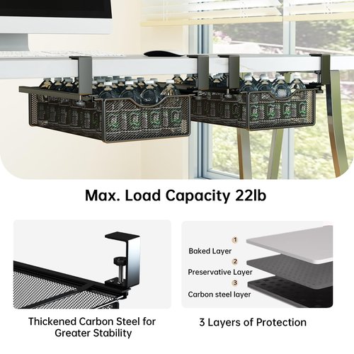 WOCHUANGSI Under Desk Drawer Organizer Tray Slide Out Clamp On Desk Pull-Out Storage Shelf for Office Supplies and Desktop Accessories, Metal Hanging Baskets, 2 Pack Large and Small (Black)