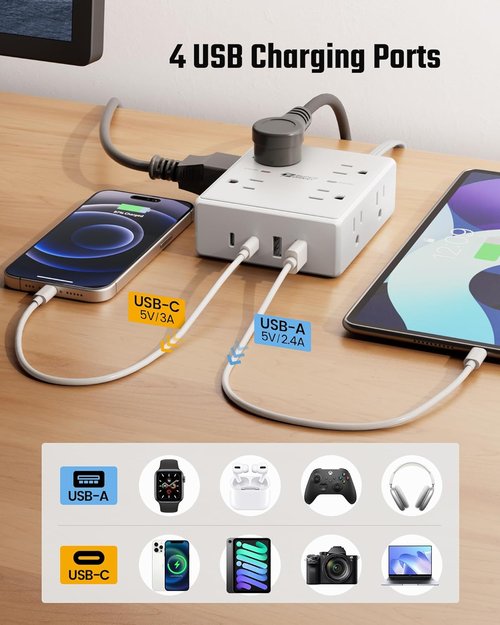 Skiennix 10Ft Extension Cord - Flat Plug Surge Protector Power Strip with 8 Outlets & 4 USB Ports | Ideal for Home Office & Dorm Room Essentials