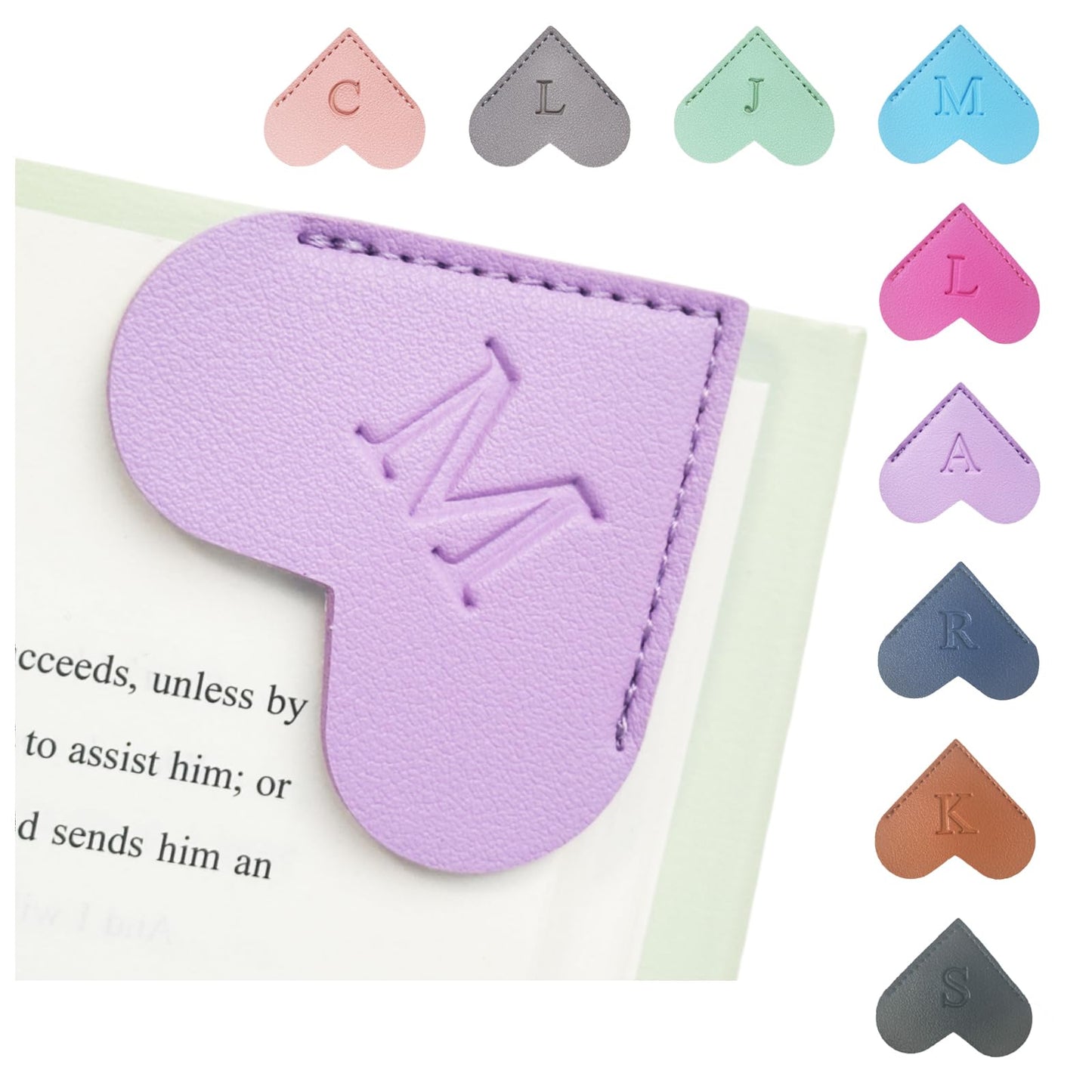 MOTEERLLU Personalized Leather Heart Bookmark with Initials, Handmade, Letter Cute Custom Corner Book Marks for Reading Women, Teachers, Students, Book Lovers, Book Accessories(Purple,M)