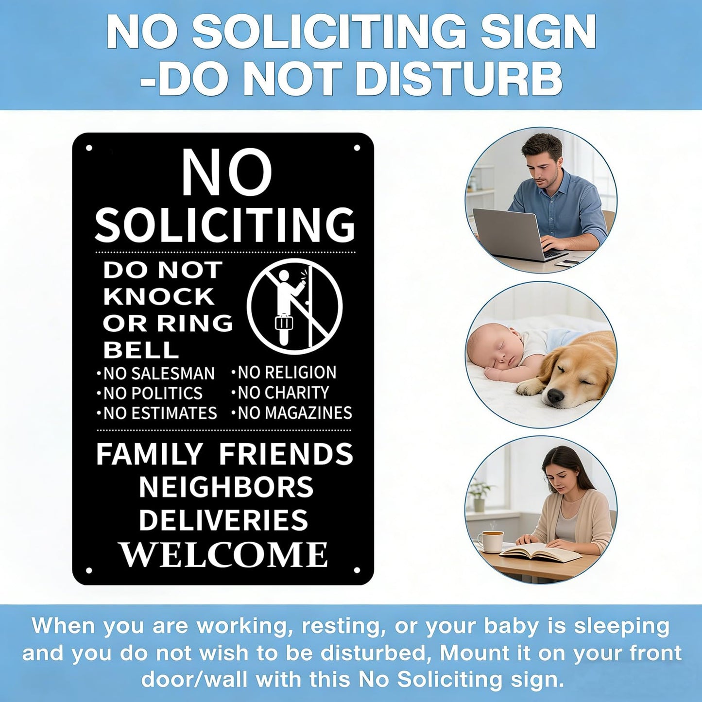 No Soliciting Sign for House Front Door,8 x 12 Inches -Aluminum- Do Not Knock or Ring Doorbell Family Friends Neighbors Deliveries Welcome No Silication Solicitors Soliciting Sign for Front Door Home House