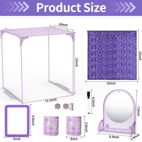 12 Pcs Locker Organizer Kit, First Day of School Essentials Includes Locker Shelf Rug Magnetic Mirror Magnetic Pen Holder Whiteboard Marker and Nails Locker Decoration for Classroom School (Purple)