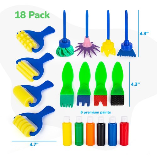 ArtCreativity Kids Paint Set with Brushes & Foam Roller - 18 Pcs - Premium Toddler Painting Kit with 6 Paint Bottles - Develop Fine Motor Skills - Classroom Arts & Crafts Supplies for Kids