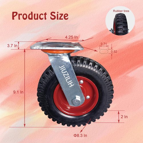 8" Caster Wheels for Carts Heavy Duty Casters Set of 4 (2 Swivel & 2 Fixed) Cart Wheels Large Rubber Castor Wheels Sets 4 with Screws