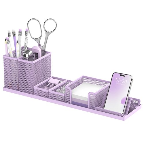 SUPEASY Pen Holder for Desk, 6 Piece Mesh Desk Organizer set, Desk Accessories for Office Organization with Mail Organizer, Letter Phone Holder, Sticky Notes Caddy Storage, Purple