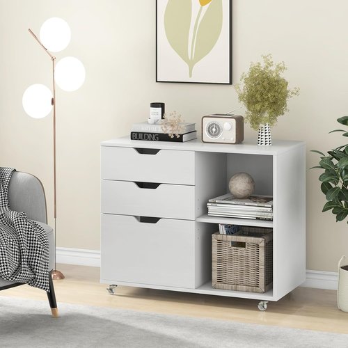 Regine Switzerland Mobile Filing Cabinet - 3 Drawer Wood Printer Stand with Universal Wheels | White