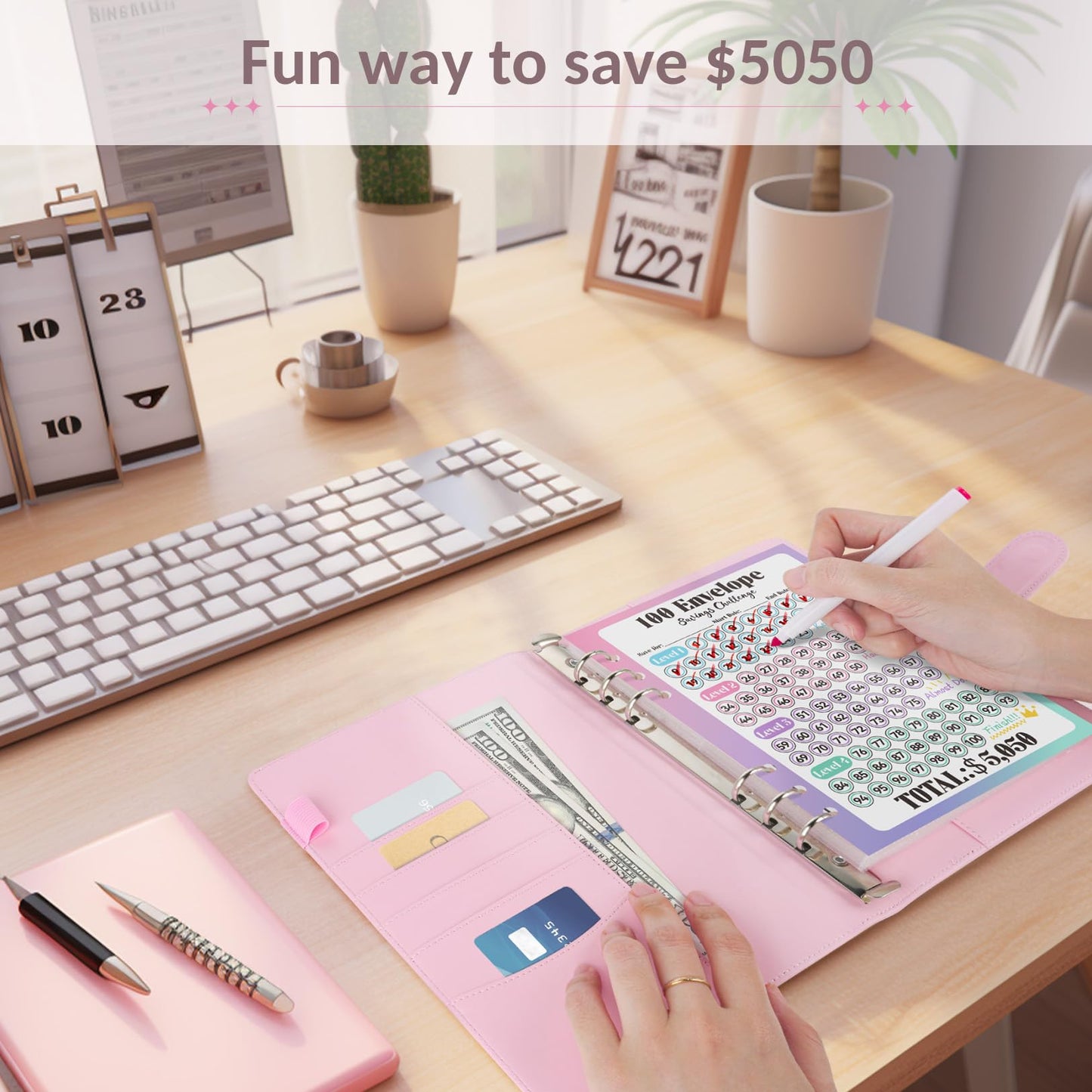Sooez 100 Envelopes Challenge Binder, Money Saving Challenge Budget Binder with Cash Envelopes, Savings Challenge Book - Easy & Fun Way to Save $5,050, Money Saving Binder for Budgeting & Saving